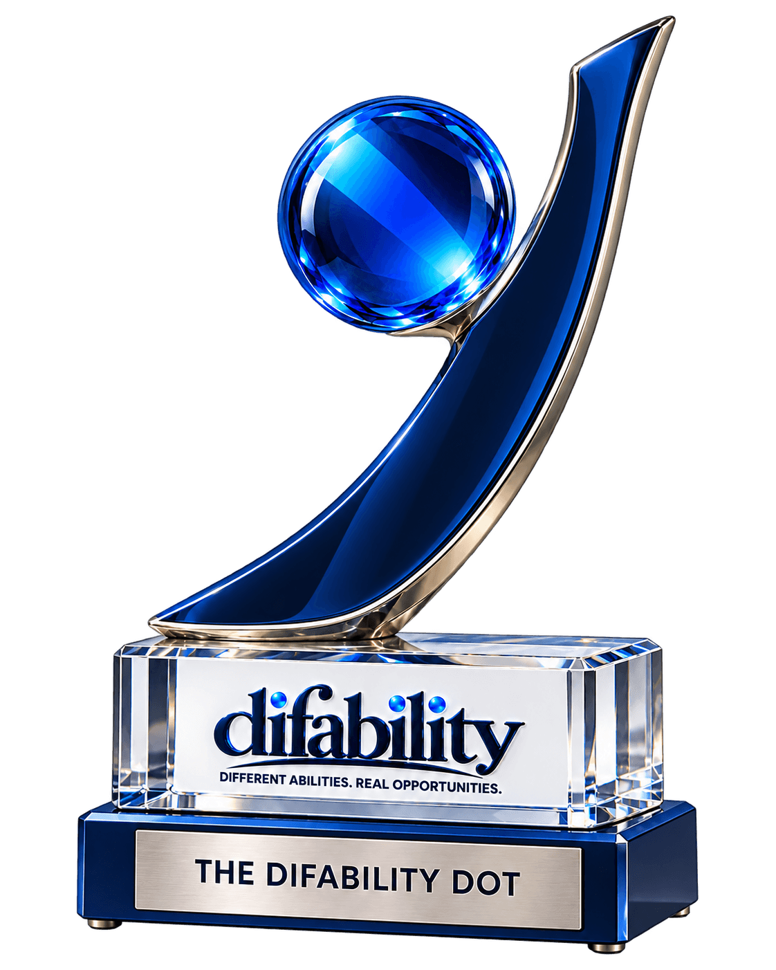 The Difability Dot trophy: a blue sphere on a curved arm above a clear block with the Difability logo and a metal plate