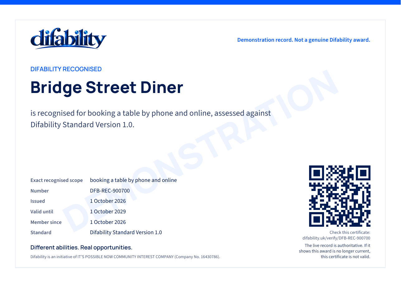 A Difability Recognised certificate marked as a demonstration record, not a genuine award. It names the organisation and what it is recognised for, with the record number, dates and a code to check it.